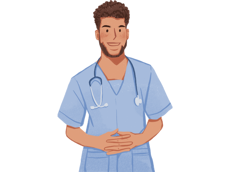 Black-male-Nurse.png dunkelhäutiger Krankenpfleger in einem blauen Kasack der die Hände vor seinen Bauch zusammenfaltet
